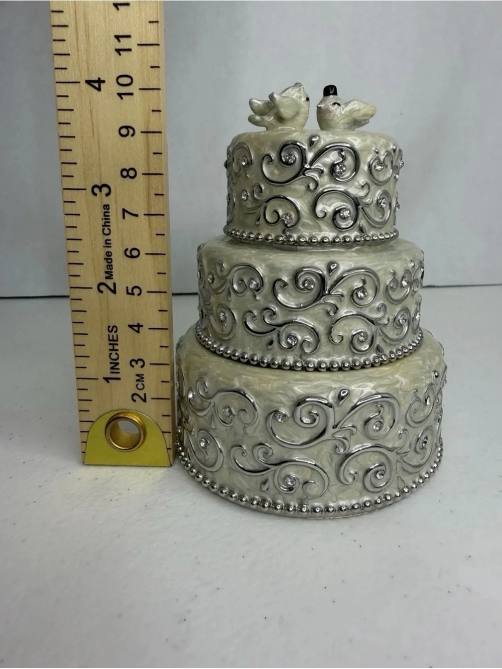 3 Tier Wedding Cake Trinket Box Ivory Silver Scroll Doves Rhinestone Jewelry Box